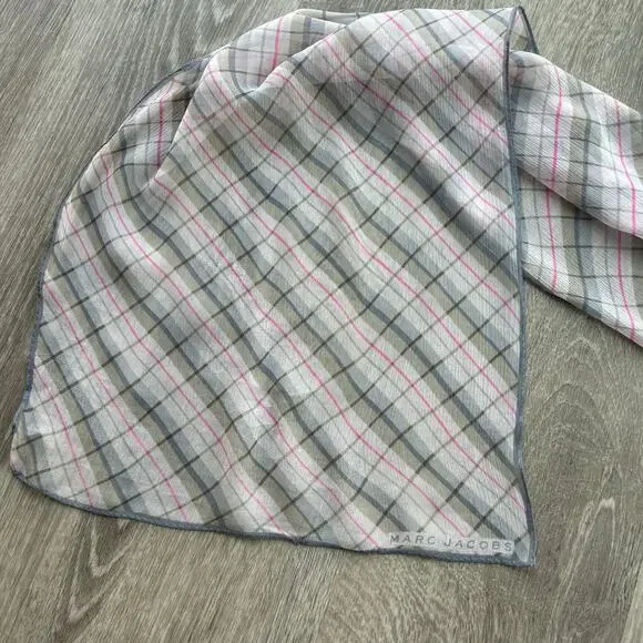 Marc Jacobs Silk Plaid Rectangular Scarf Lightweight Logo Detail - Picture 11 of 12